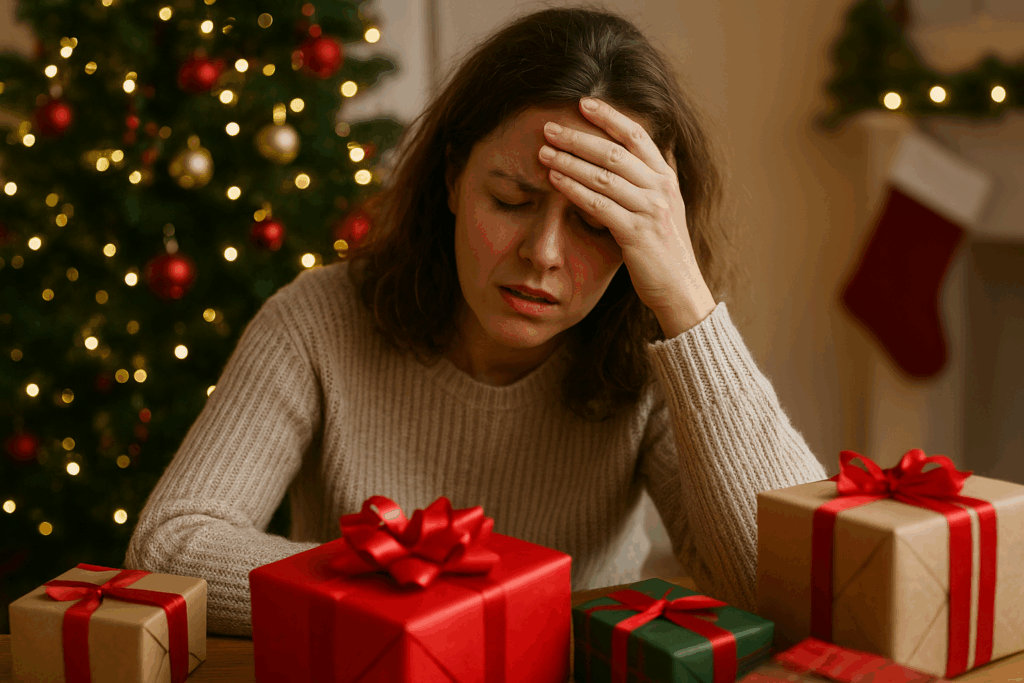 Een vrouw die aan tafel zit tussen de kerst cadaeutjes waar het haar allemaal te veel wordt vanwege alle verplichtingen en verwachtingen rond de feestdagen. Ze ervaart veel stress.